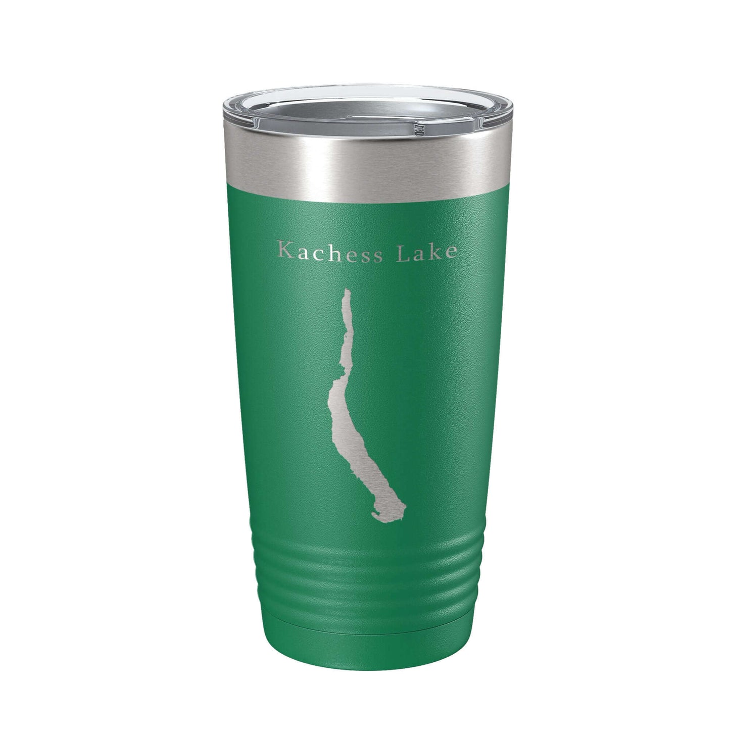 Kachess Lake map tumbler travel mug insulated coffee cup, green with laser-etched design, 20 oz stainless steel.