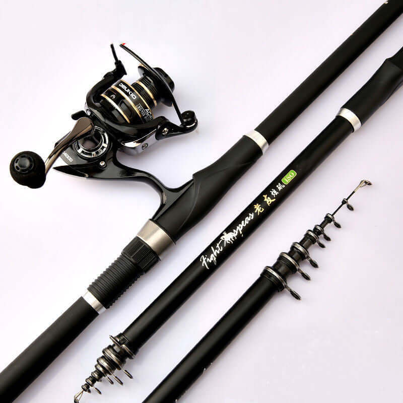 Rocky fishing rod with reel, carbon material, designed for ocean rock fishing, 7-section telescopic feature.