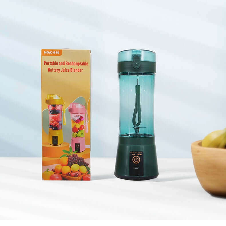 Portable rechargeable battery juice blender with colorful packaging and fruits in the background, ideal for smoothies.