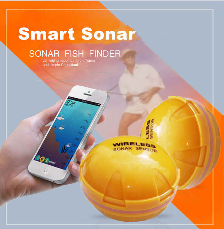 Wireless Sonar Fish Finder displayed with smartphone interface for efficient fishing and sonar sensor technology.
