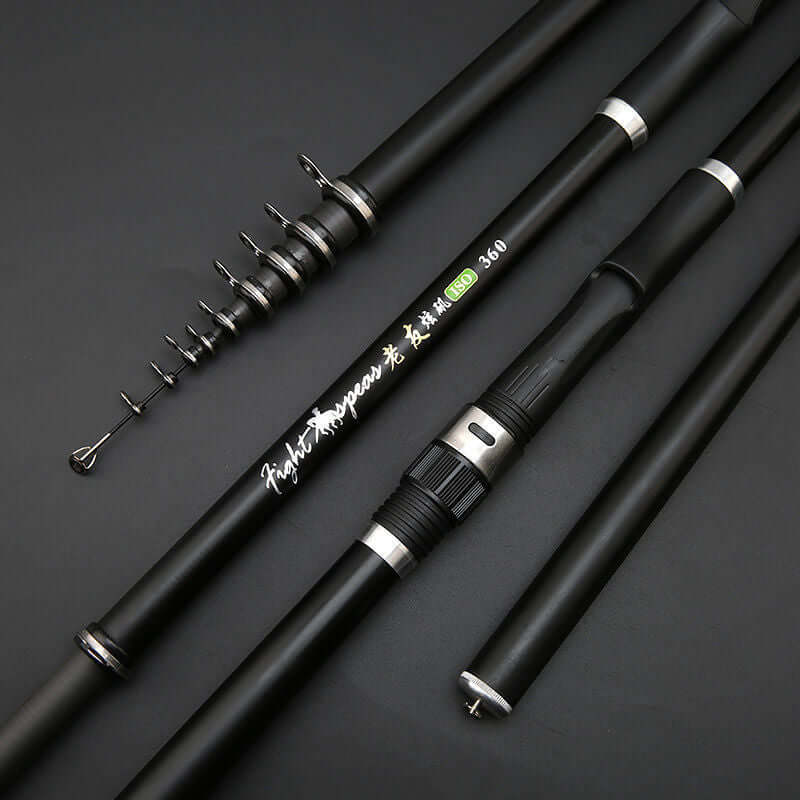 Close-up of a carbon fishing rod, showcasing 7 sections for sea and rock fishing, hard tone, and sleek design.