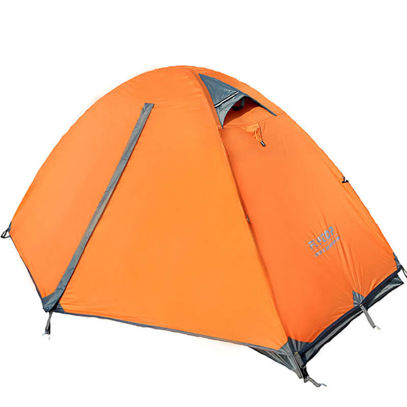 Outdoor double camping tent in vibrant orange color, designed for rainproof and lightweight camping.