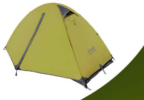 Outdoor double camping tent in yellow, rainproof and durable design, ideal for high mountain snowfield camping.