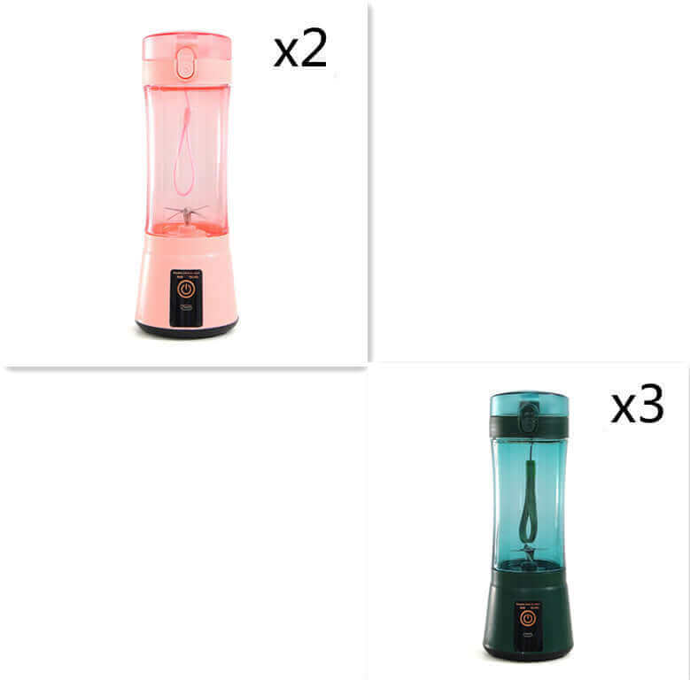 Portable electric fruit juicer in pink and teal, USB rechargeable, ideal for smoothies, easy maintenance, compact design.