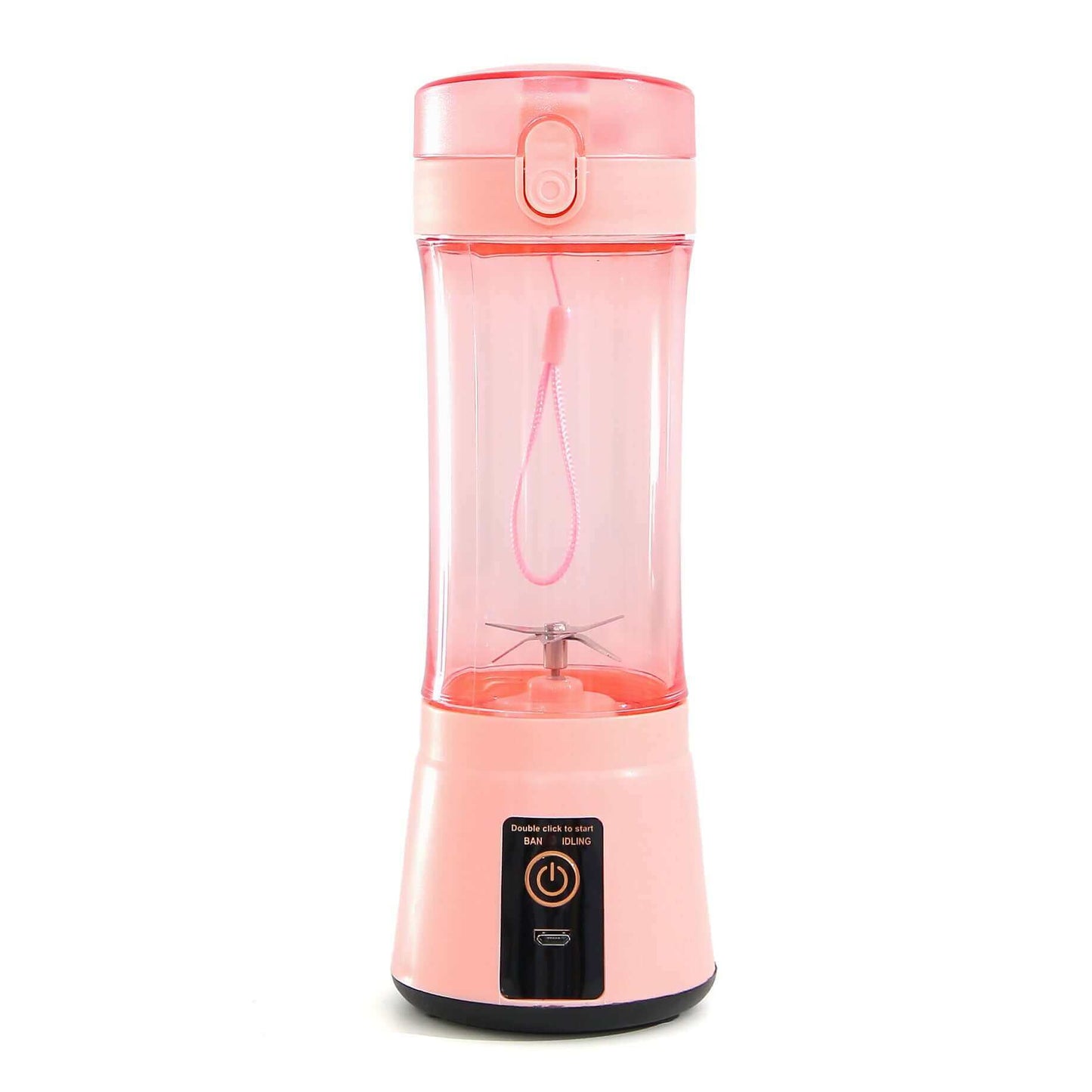 Portable pink electric fruit juicer, USB rechargeable mini mixer for smoothies and shakes.
