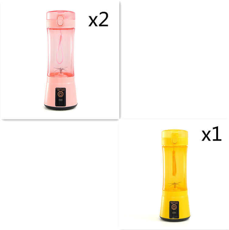 Portable electric fruit juicer in pink and yellow colors, perfect for making smoothies on the go.