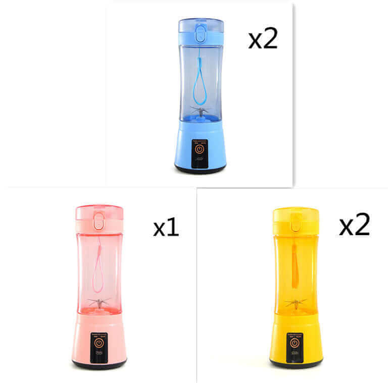 Set of portable electric fruit juicers in blue, pink, and yellow, showcasing wireless USB rechargeable design.