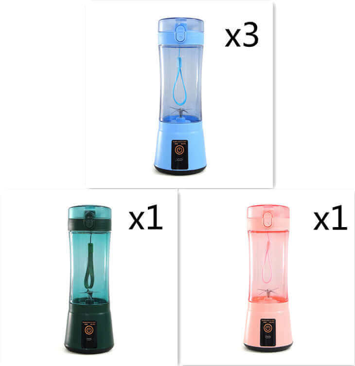 Portable electric fruit juicer in blue, green, and pink colors, showcasing portable smoothie blender options.