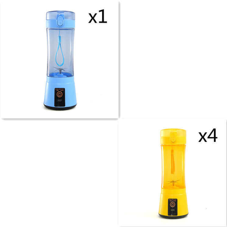 Portable electric fruit juicer in blue and yellow; mini mixer for smoothies and shakes, USB rechargeable.