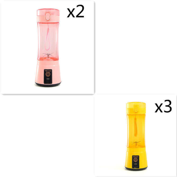 Portable electric fruit juicer in pink and yellow colors, showcasing mini mixer design for summer smoothies and shakes.