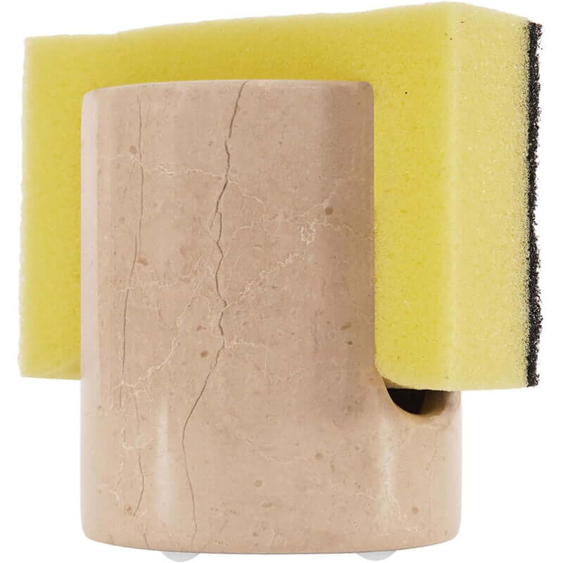 3.5-inch marble sponge holder with yellow sponge for kitchen sink organization and decor.