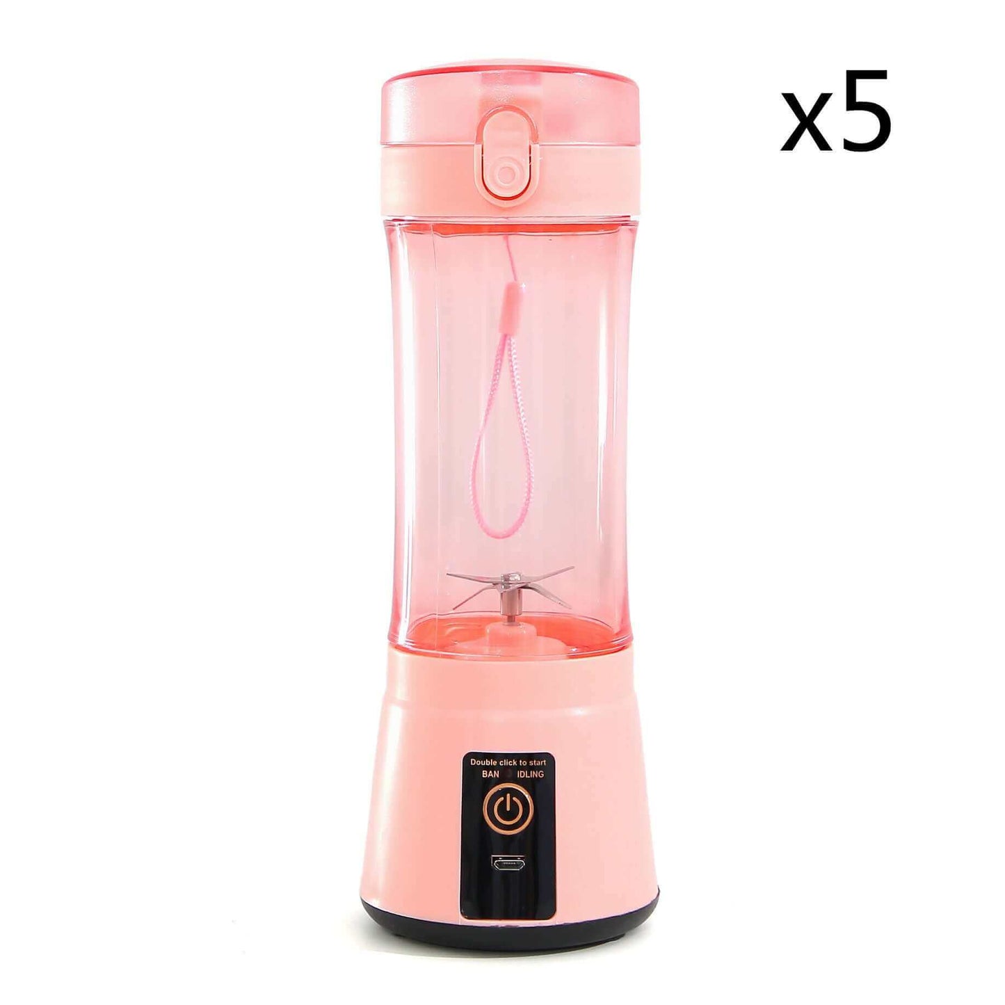 Portable electric fruit juicer in pink color with USB rechargeable feature for on-the-go smoothies and shakes.