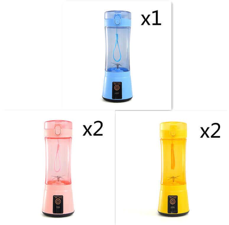 Portable electric fruit juicer in blue, pink, and yellow colors with USB charging for smoothies and shakes.