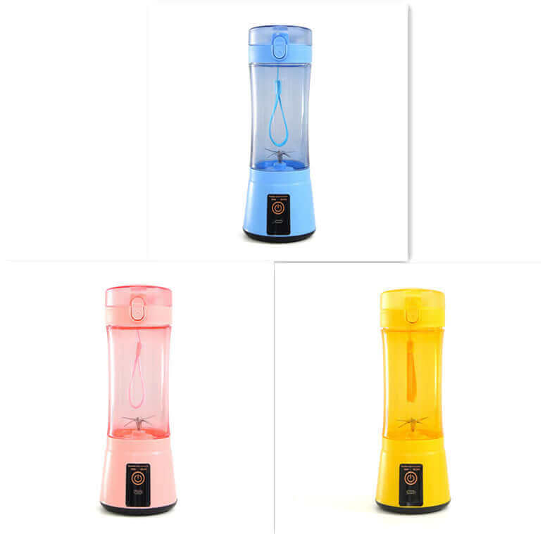Portable electric fruit juicer in blue, pink, and yellow, ideal for smoothies and shakes, USB rechargeable.