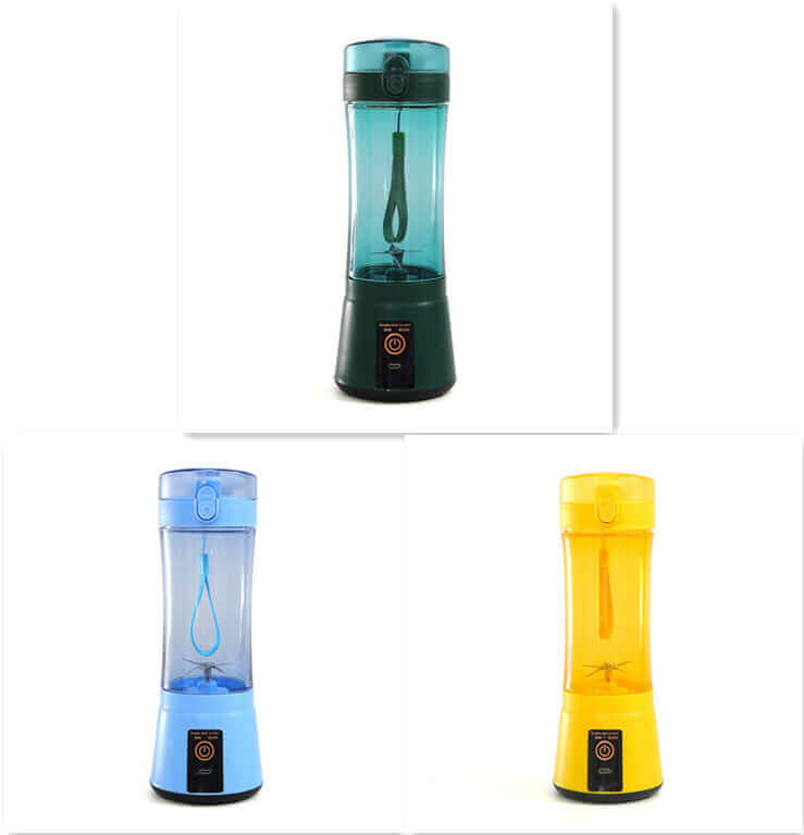 Portable electric fruit juicer available in green, blue, and yellow colors, perfect for smoothies and shakes.