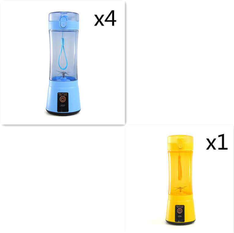 Portable electric fruit juicers in blue and yellow, perfect for smoothies, with USB rechargeable feature.