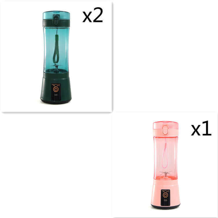 Portable electric fruit juicer in green and pink colors, showcasing USB rechargeable mini blenders for smoothies.