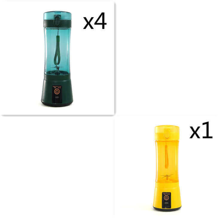 Portable electric juicer in black and yellow, showcasing different colors, ideal for smoothies and shakes.