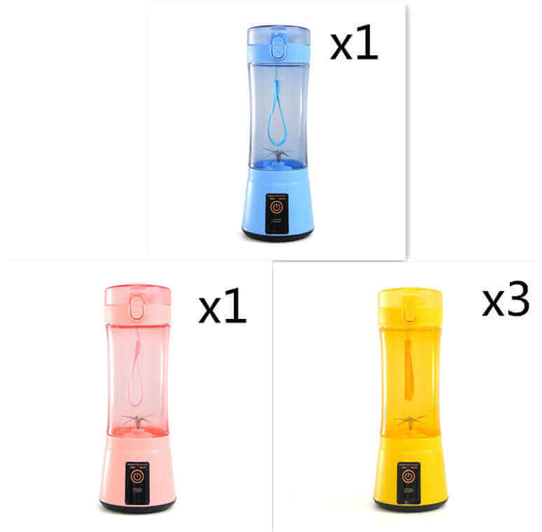 Portable electric fruit juicers in blue, pink, and yellow colors, showcasing USB rechargeable mini blenders.