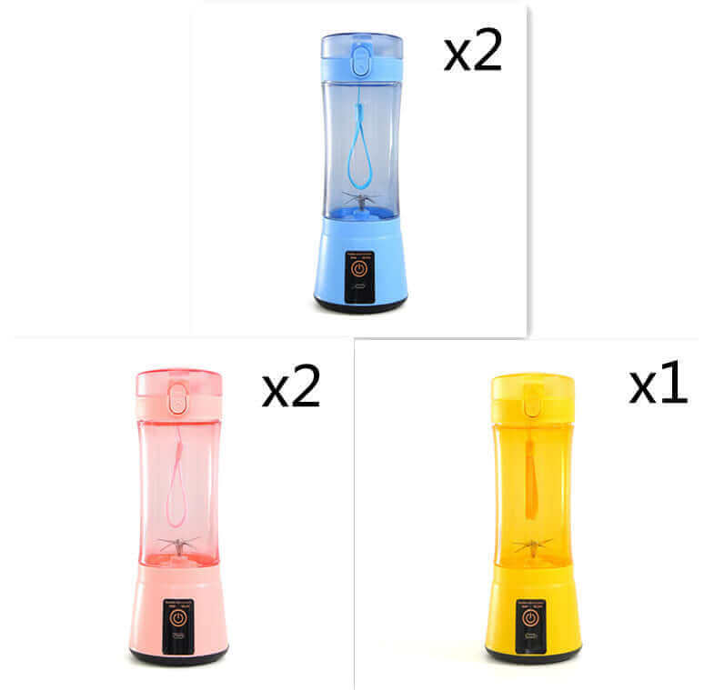 Portable electric fruit juicers in blue, pink, and yellow colors, showcasing a mini mixer for smoothies and shakes.