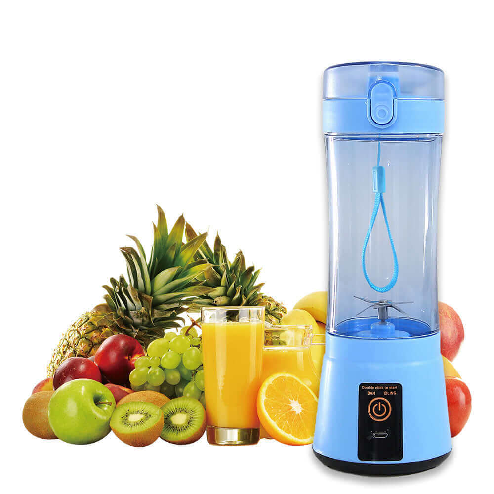 Portable electric fruit juicer with a blue design, surrounded by fresh fruits and smoothies on display.