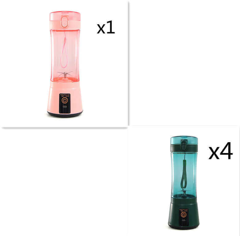 Portable electric fruit juicer in pink and green, USB rechargeable mini blender, ideal for smoothies and shakes.
