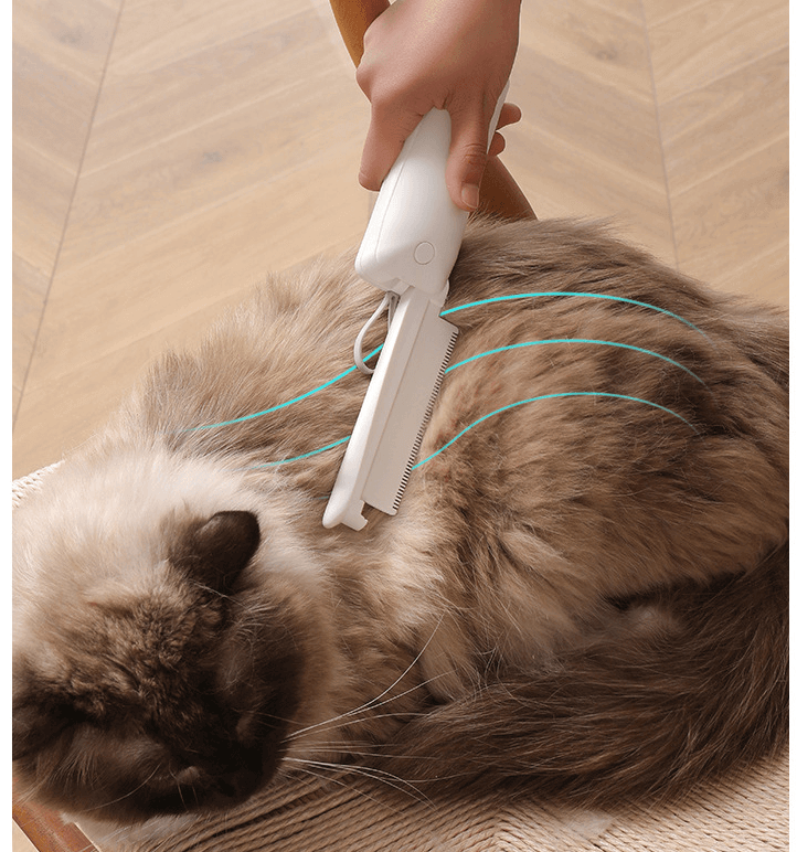 Person using a fur-free pet grooming brush on a fluffy cat, showcasing effective pet hair removal.