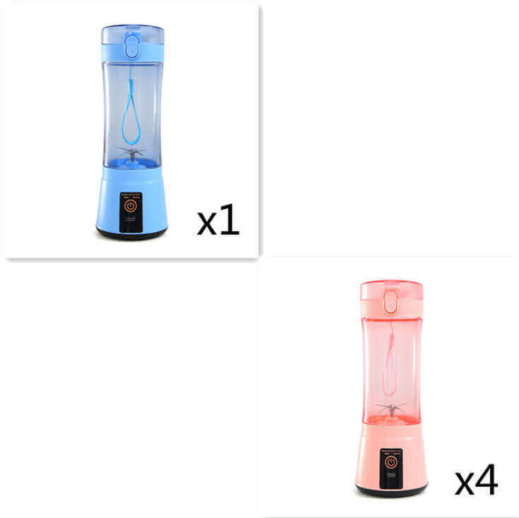 Portable electric fruit juicer in blue and pink, USB rechargeable mini mixer for smoothies and kitchen use.