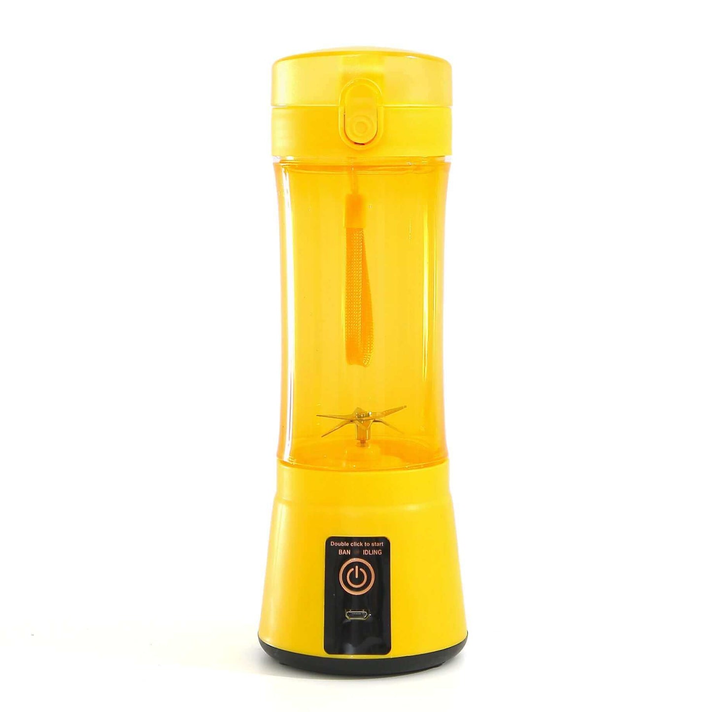 Portable electric fruit juicer in bright yellow, featuring a USB recharge and safety protection, ideal for smoothies.
