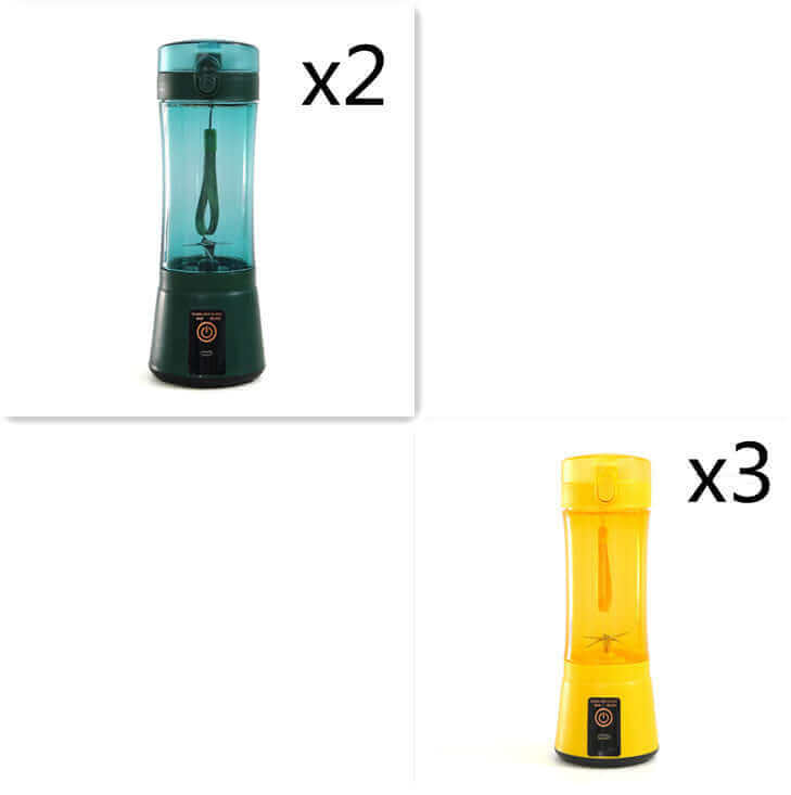 Portable electric fruit juicer in teal, black, and yellow colors displayed together for versatile blending options.