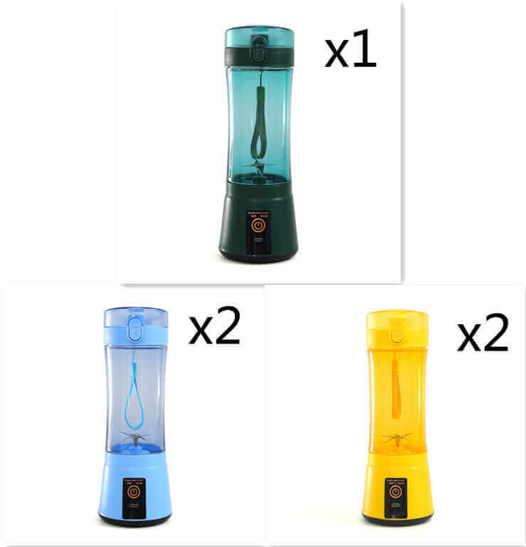 Portable electric fruit juicer in turquoise, blue, and yellow colors, showcasing three mini mixer options.