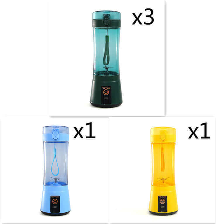 Portable electric fruit juicer in teal, blue, and yellow colors, showcasing USB rechargeable mini blender features.
