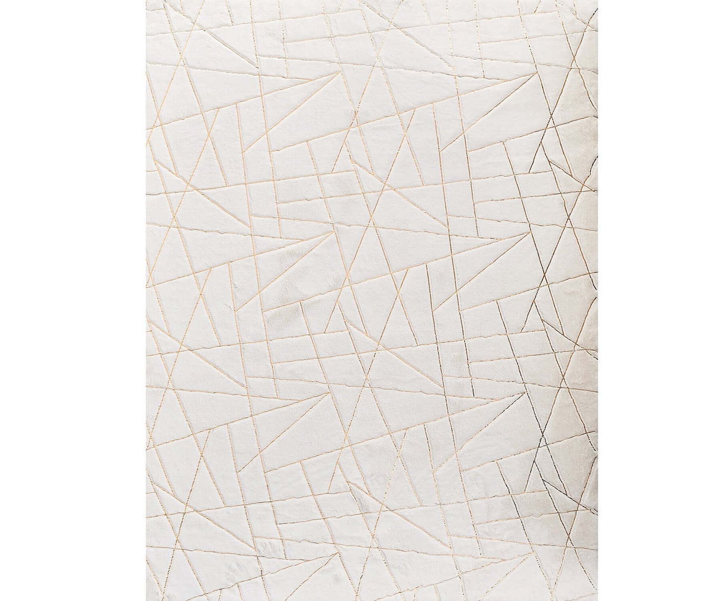 White and gold faux fur area rug featuring an abstract geometric pattern and non-skid design, 3' x 5' size.