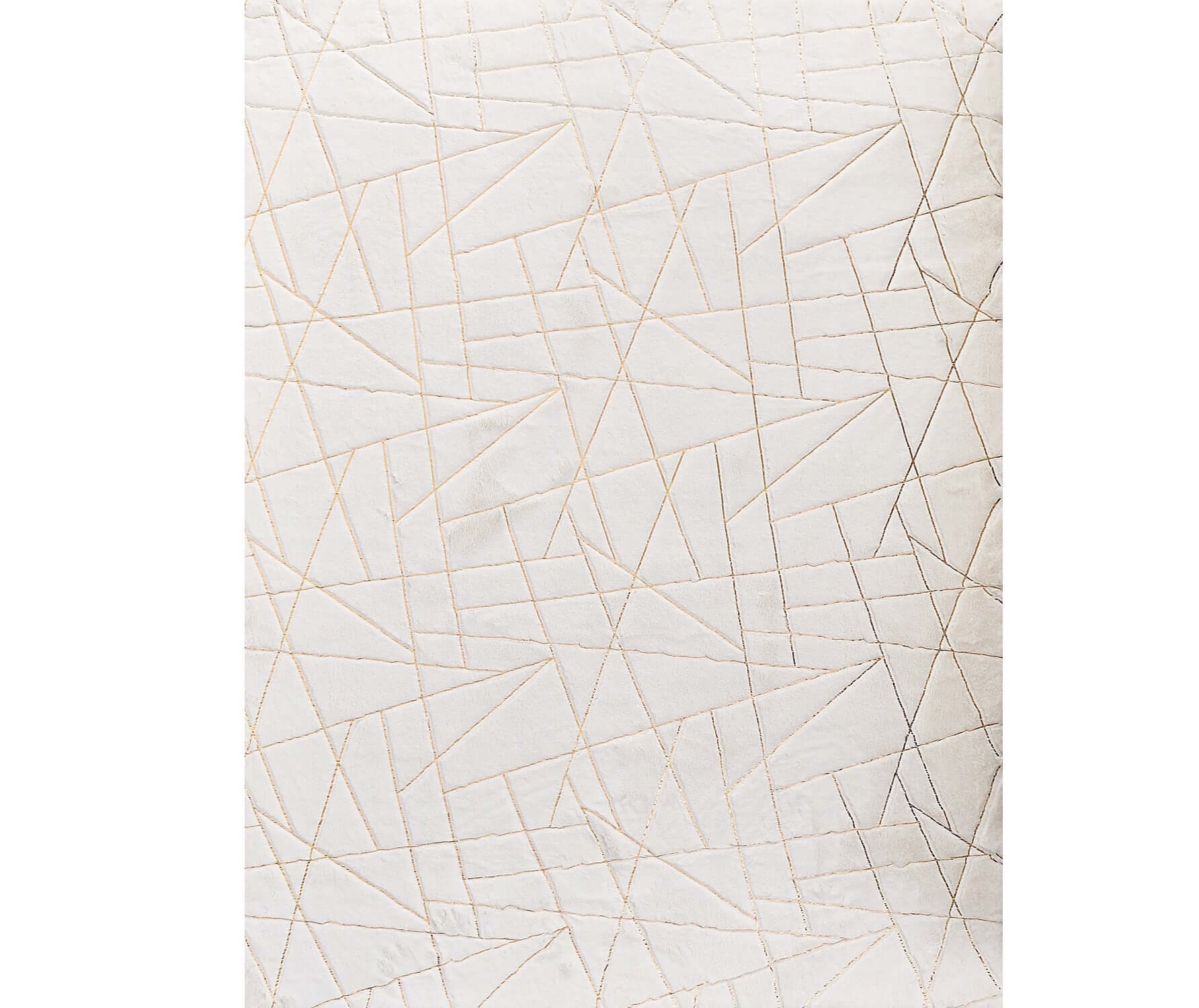 White and gold faux fur area rug featuring an abstract geometric pattern and non-skid design, 3' x 5' size.