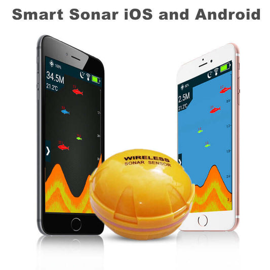 Wireless sonar fish finder sensor with iOS and Android compatibility displayed on smartphones.