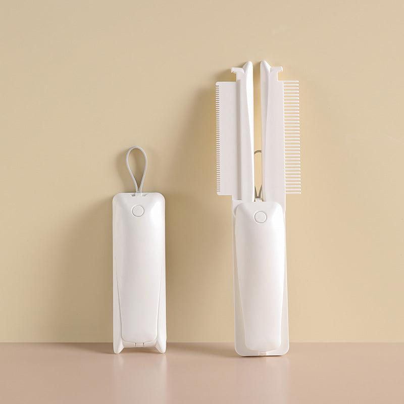 Two white pet grooming tools displayed against a beige background, showcasing a fur remover and detangling comb.