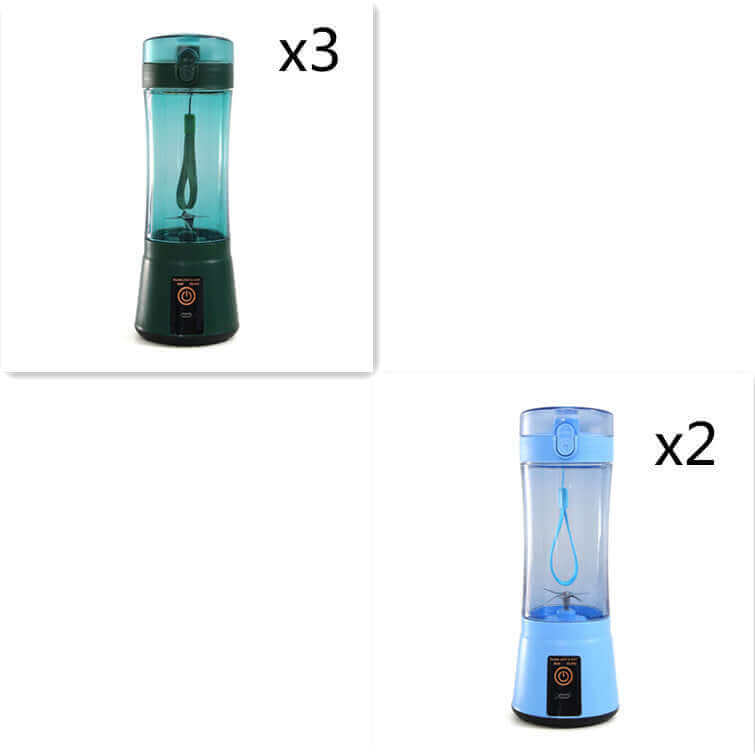 Colorful portable electric fruit juicers in green and blue, showcasing USB rechargeable design for smoothies.