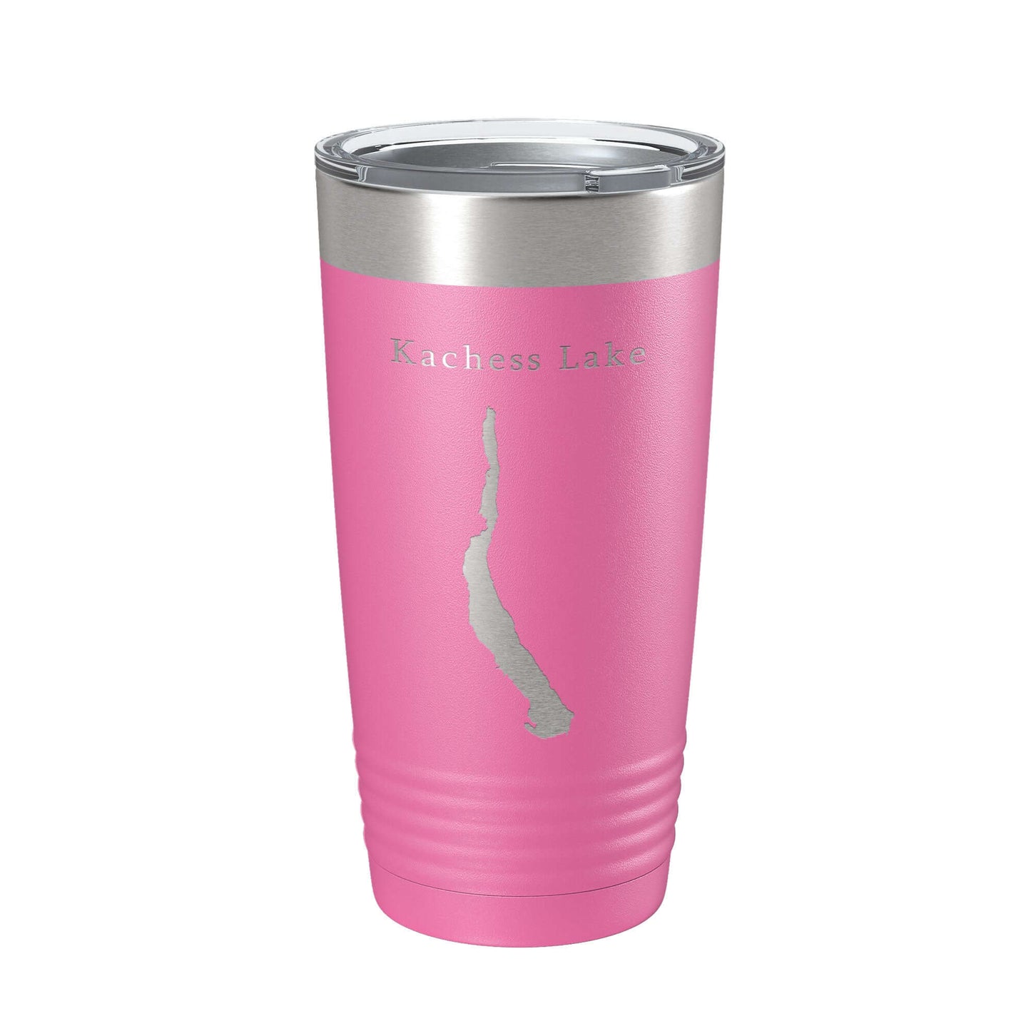 Kachess Lake map tumbler in pink, insulated stainless steel travel mug with laser engraved design.