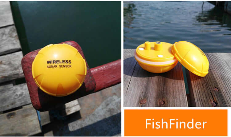 Wireless sonar fish finder sensor in bright yellow, designed for depth detection and Bluetooth connectivity.