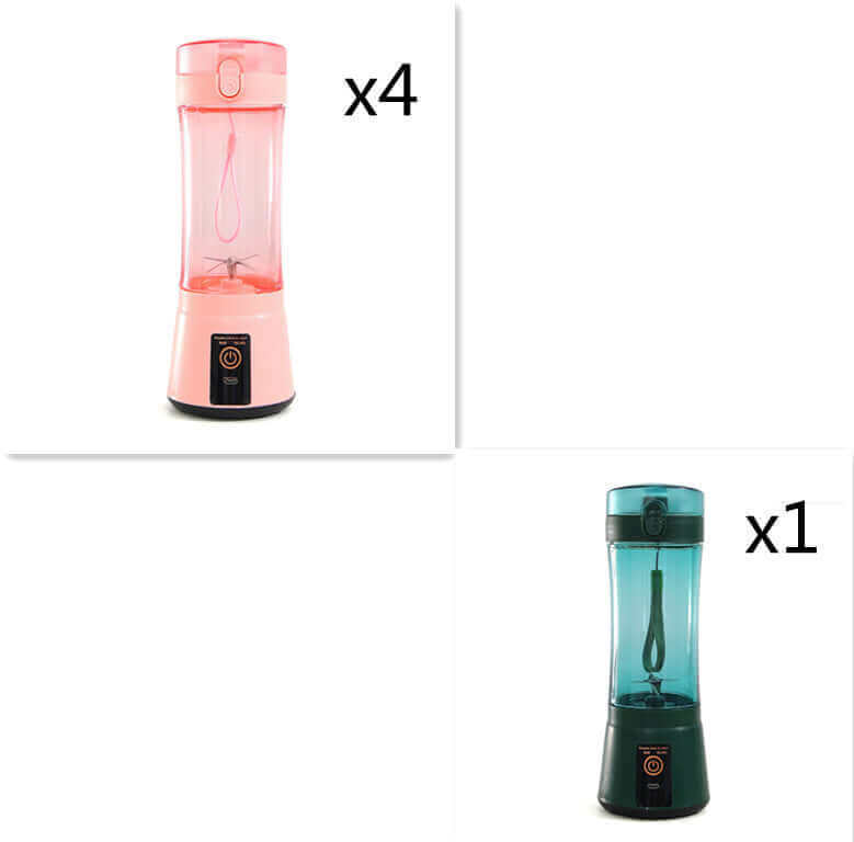 Portable electric fruit juicer in pink and green colors, showcasing a mini mixer and smoothie blender design.