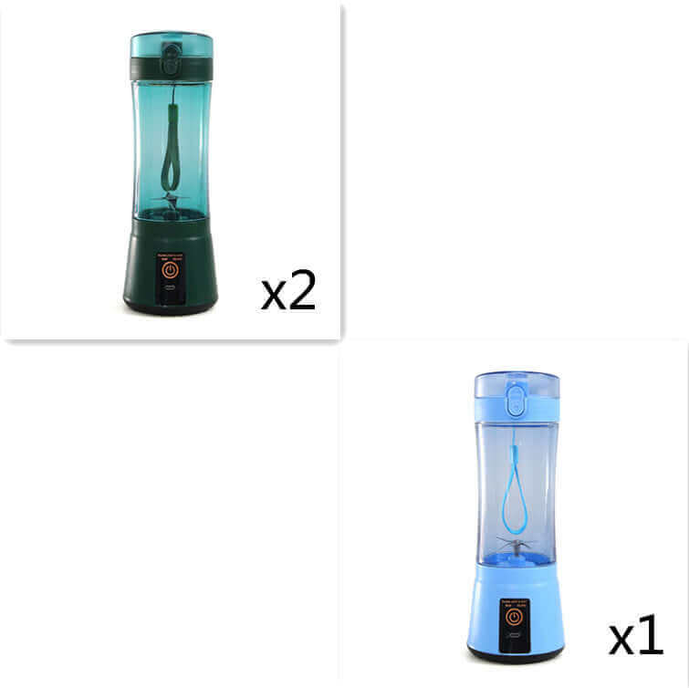 Portable electric fruit juicer in black and blue, showcasing USB rechargeable smoothie blender design.