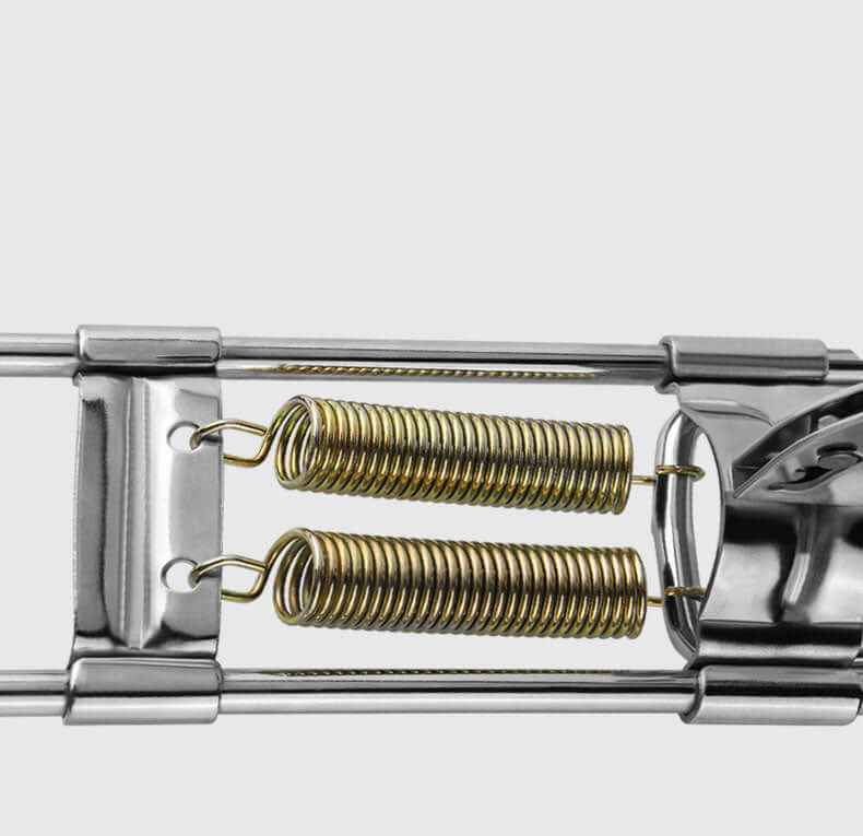 Close-up of stainless steel fishing rod holder with two gold springs for adjustable sensitivity.