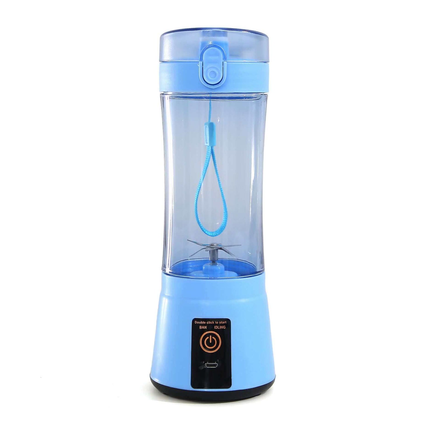 Portable electric fruit juicer in blue, USB rechargeable mini mixer for smoothies, kitchen supplies.