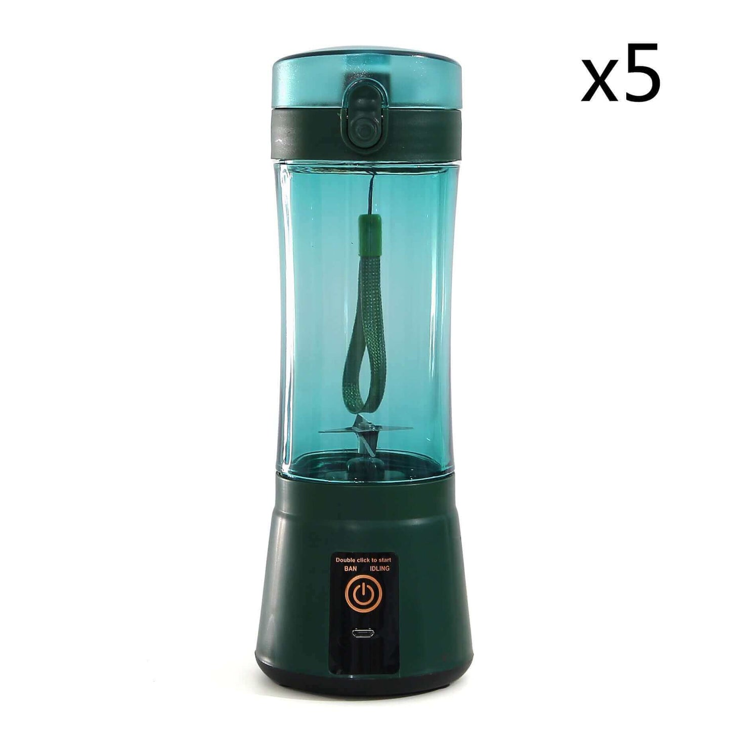 Portable electric fruit juicer in teal, USB rechargeable mini mixer for smoothies and shakes.
