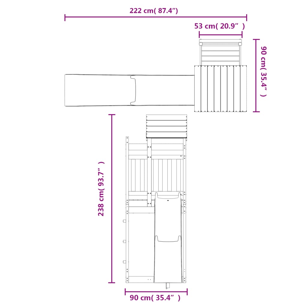 Dimensions of vidaXL Outdoor Playset in solid pine wood, showing length, width, and height measurements.