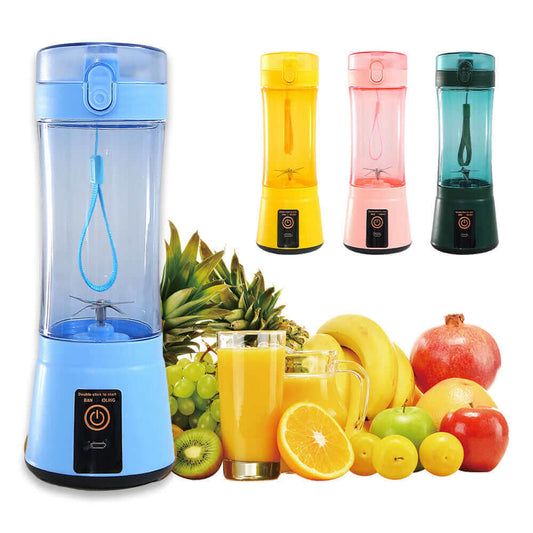 Portable electric fruit juicer in blue, yellow, pink, and green with fresh fruits and smoothies for summer blending.
