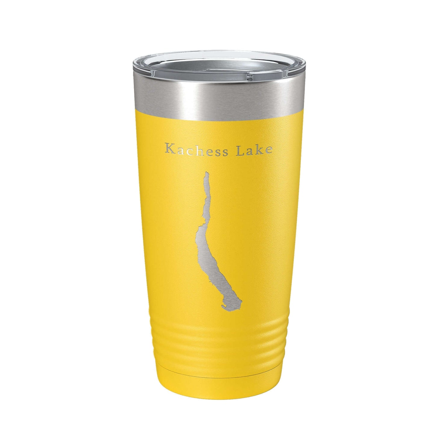 Kachess Lake map tumbler travel mug, insulated yellow stainless steel cup, laser engraved design, 20 oz.