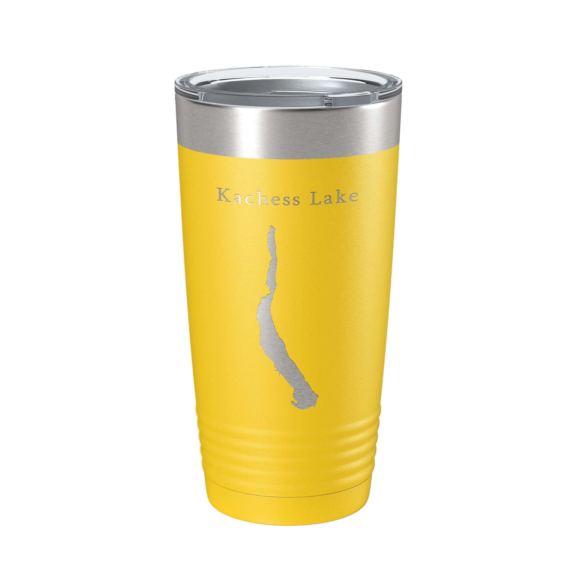 Kachess Lake map tumbler travel mug, insulated yellow stainless steel cup, laser engraved design, 20 oz.