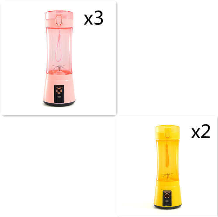 Portable electric fruit juicer in pink and yellow, USB rechargeable mini mixer for smoothies and shakes.