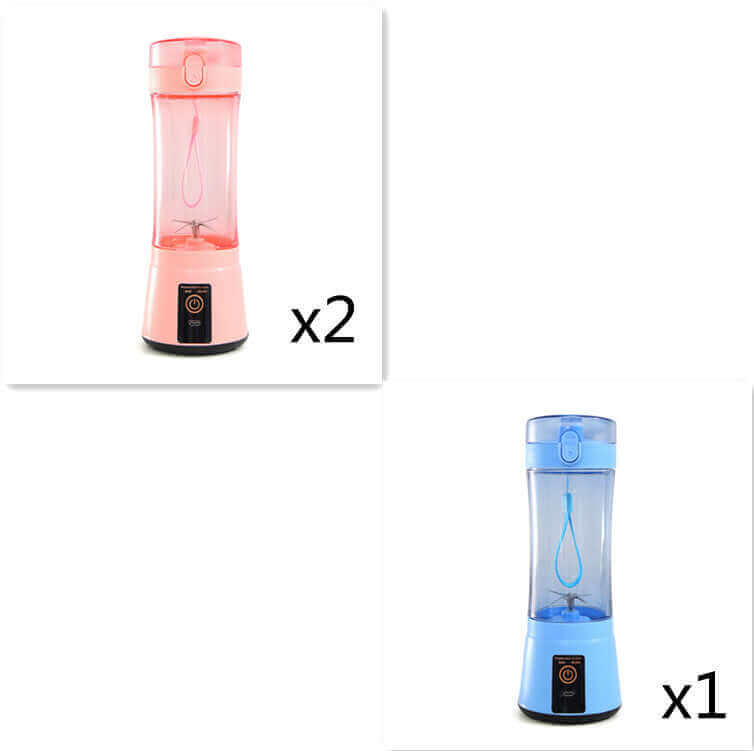 Portable electric fruit juicer in pink and blue colors, showcasing multifunction smoothie blender design.